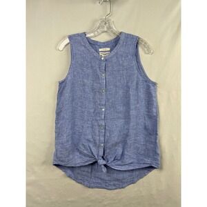 Christian Siriano Linen Top Women S Blue Tie Front Sleeveless Button Up Blouse